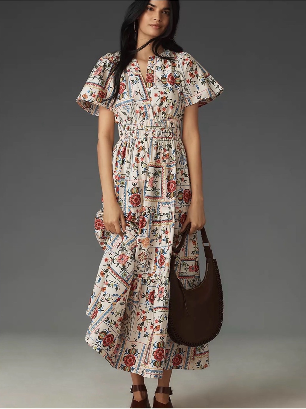 Anthropologie Cream Maxi Dress With Pink & Red Floral Patchwork